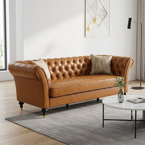 English Elm Fx-P31-Pulb Chesterfield Sofa Faux Leather Tufted 3 Seater with Turned Wood Legs Lounge W576P531299