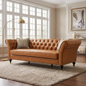 English Elm Fx-P31-Pulb Chesterfield Sofa Faux Leather Tufted 3 Seater with Turned Wood Legs Lounge W576P531299