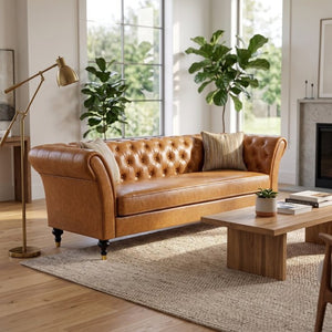 English Elm Fx-P31-Pulb Chesterfield Sofa Faux Leather Tufted 3 Seater with Turned Wood Legs Lounge W576P531299