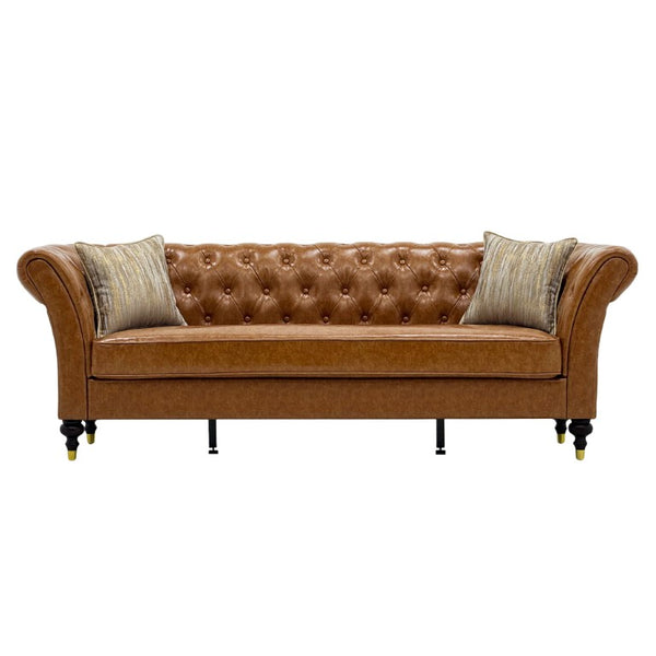 English Elm Fx-P31-Pulb Chesterfield Sofa Faux Leather Tufted 3 Seater with Turned Wood Legs Lounge W576P531299