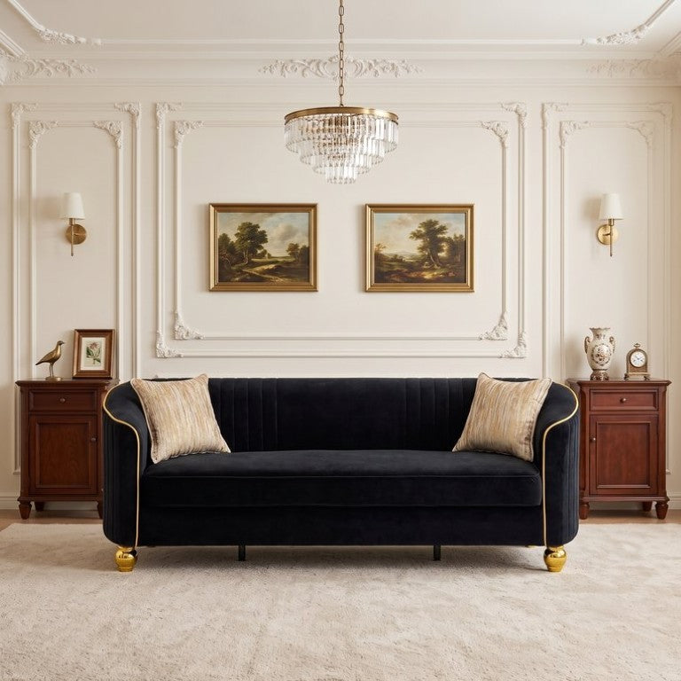 English Elm Fx-P87-Bk Channel Tufted Black Velvet Sofa with Gold Legs for Modern Living Rooms W576P534665