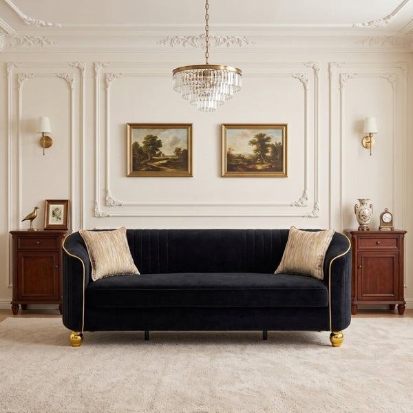English Elm Fx-P87-Bk Channel Tufted Black Velvet Sofa with Gold Legs for Modern Living Rooms W576P534665