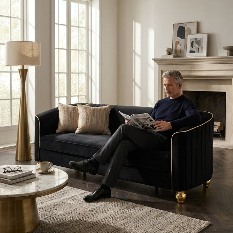 English Elm Fx-P87-Bk Channel Tufted Black Velvet Sofa with Gold Legs for Modern Living Rooms W576P534665