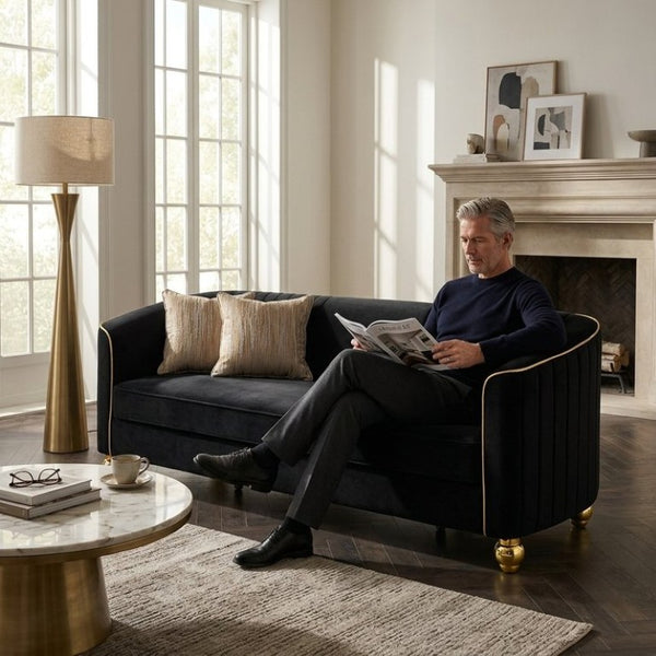 English Elm Fx-P87-Bk Channel Tufted Black Velvet Sofa with Gold Legs for Modern Living Rooms W576P534665