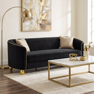 English Elm Fx-P87-Bk Channel Tufted Black Velvet Sofa with Gold Legs for Modern Living Rooms W576P534665
