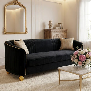 English Elm Fx-P87-Bk Channel Tufted Black Velvet Sofa with Gold Legs for Modern Living Rooms W576P534665