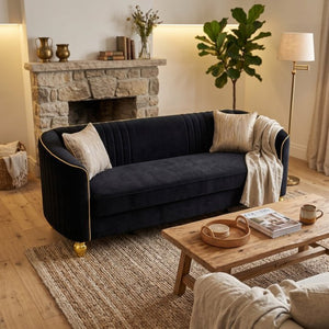 English Elm Fx-P87-Bk Channel Tufted Black Velvet Sofa with Gold Legs for Modern Living Rooms W576P534665