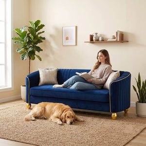 English Elm Fx-P87-Rb Channel Back Velvet Sofa with Gold Legs Luxury Three Seater Living Room W576P534666