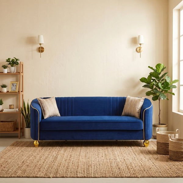 English Elm Fx-P87-Rb Channel Back Velvet Sofa with Gold Legs Luxury Three Seater Living Room W576P534666