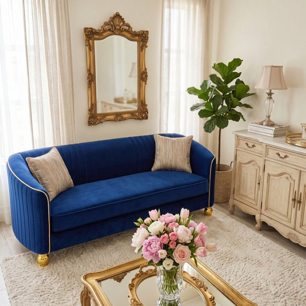English Elm Fx-P87-Rb Channel Back Velvet Sofa with Gold Legs Luxury Three Seater Living Room W576P534666