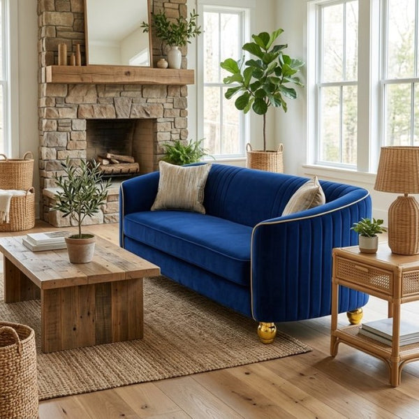 English Elm Fx-P87-Rb Channel Back Velvet Sofa with Gold Legs Luxury Three Seater Living Room W576P534666