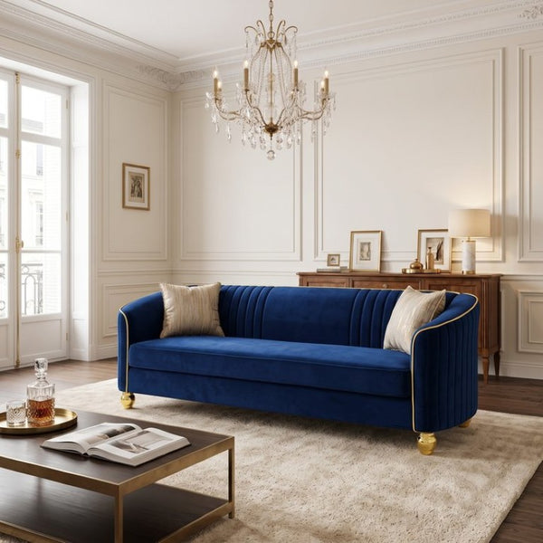 English Elm Fx-P87-Rb Channel Back Velvet Sofa with Gold Legs Luxury Three Seater Living Room W576P534666