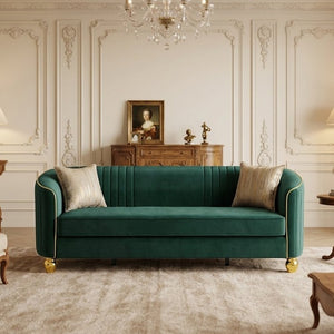 English Elm Fx-P87-Rg Emerald Velvet 3 Seat Sofa Channel Tufted Back Gold Legs Pocket Spring W576P534667