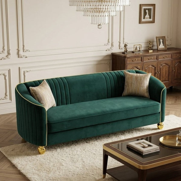 English Elm Fx-P87-Rg Emerald Velvet 3 Seat Sofa Channel Tufted Back Gold Legs Pocket Spring W576P534667