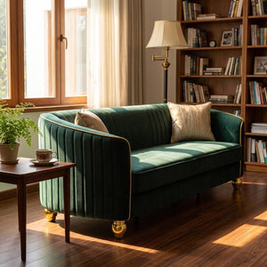 English Elm Fx-P87-Rg Emerald Velvet 3 Seat Sofa Channel Tufted Back Gold Legs Pocket Spring W576P534667