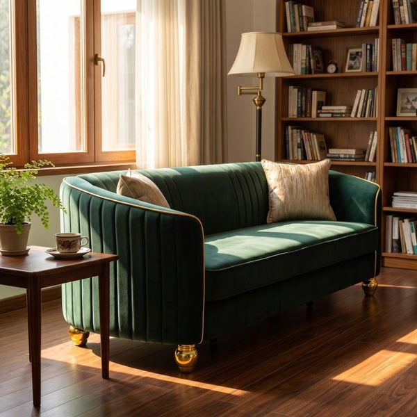 English Elm Fx-P87-Rg Emerald Velvet 3 Seat Sofa Channel Tufted Back Gold Legs Pocket Spring W576P534667