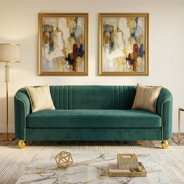 English Elm Fx-P87-Rg Emerald Velvet 3 Seat Sofa Channel Tufted Back Gold Legs Pocket Spring W576P534667