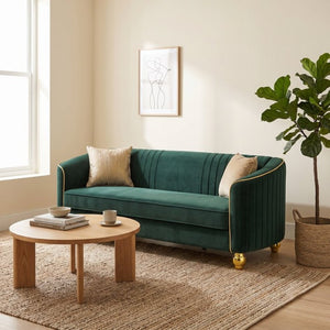 English Elm Fx-P87-Rg Emerald Velvet 3 Seat Sofa Channel Tufted Back Gold Legs Pocket Spring W576P534667
