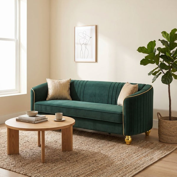 English Elm Fx-P87-Rg Emerald Velvet 3 Seat Sofa Channel Tufted Back Gold Legs Pocket Spring W576P534667