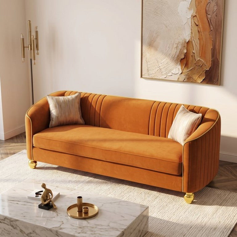 English Elm Fx-P87-Or Velvet Three Seat Sofa with Gold Legs Glamorous Channel Back Accent W576P534668