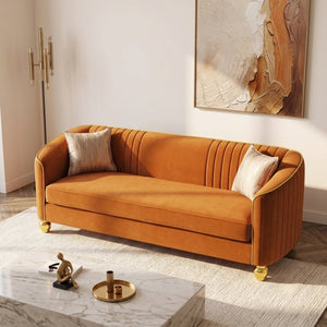 English Elm Fx-P87-Or Velvet Three Seat Sofa with Gold Legs Glamorous Channel Back Accent W576P534668