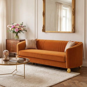 English Elm Fx-P87-Or Velvet Three Seat Sofa with Gold Legs Glamorous Channel Back Accent W576P534668
