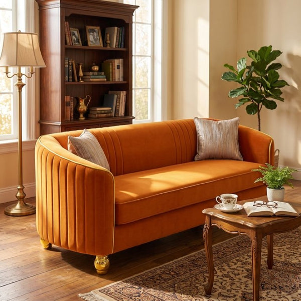 English Elm Fx-P87-Or Velvet Three Seat Sofa with Gold Legs Glamorous Channel Back Accent W576P534668