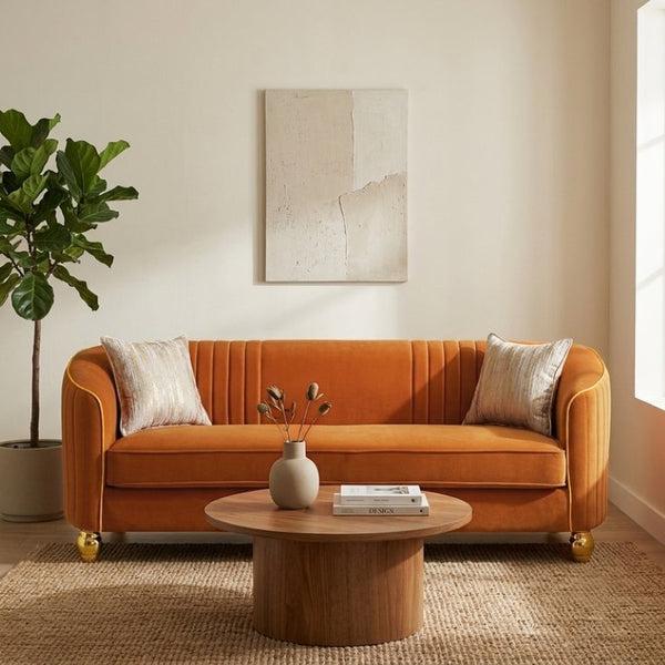 English Elm Fx-P87-Or Velvet Three Seat Sofa with Gold Legs Glamorous Channel Back Accent W576P534668