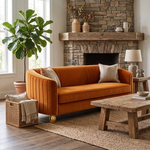 English Elm Fx-P87-Or Velvet Three Seat Sofa with Gold Legs Glamorous Channel Back Accent W576P534668