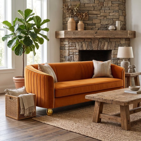 English Elm Fx-P87-Or Velvet Three Seat Sofa with Gold Legs Glamorous Channel Back Accent W576P534668