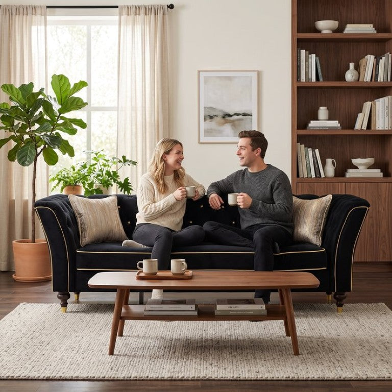 English Elm Fx-P32-Bk Classic Tufted Three Seat Sofa with Rolled Arms and Deep Sink Cushions W576P543606