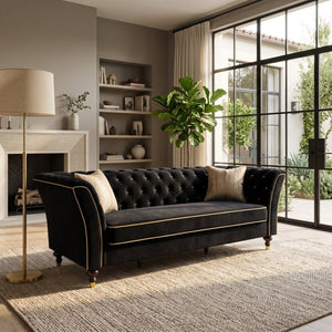 English Elm Fx-P32-Bk Classic Tufted Three Seat Sofa with Rolled Arms and Deep Sink Cushions W576P543606