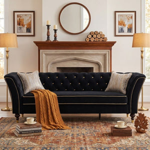 English Elm Fx-P32-Bk Classic Tufted Three Seat Sofa with Rolled Arms and Deep Sink Cushions W576P543606
