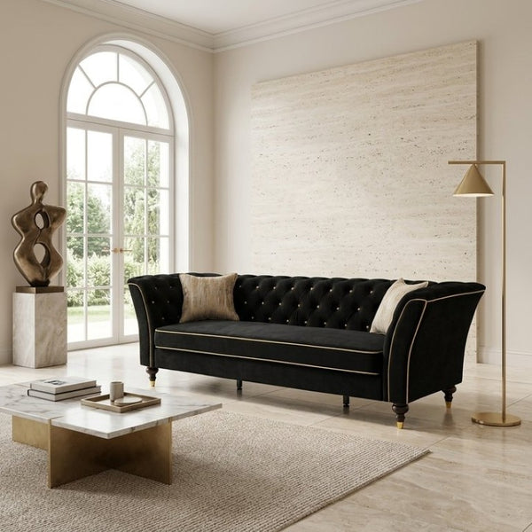 English Elm Fx-P32-Bk Classic Tufted Three Seat Sofa with Rolled Arms and Deep Sink Cushions W576P543606