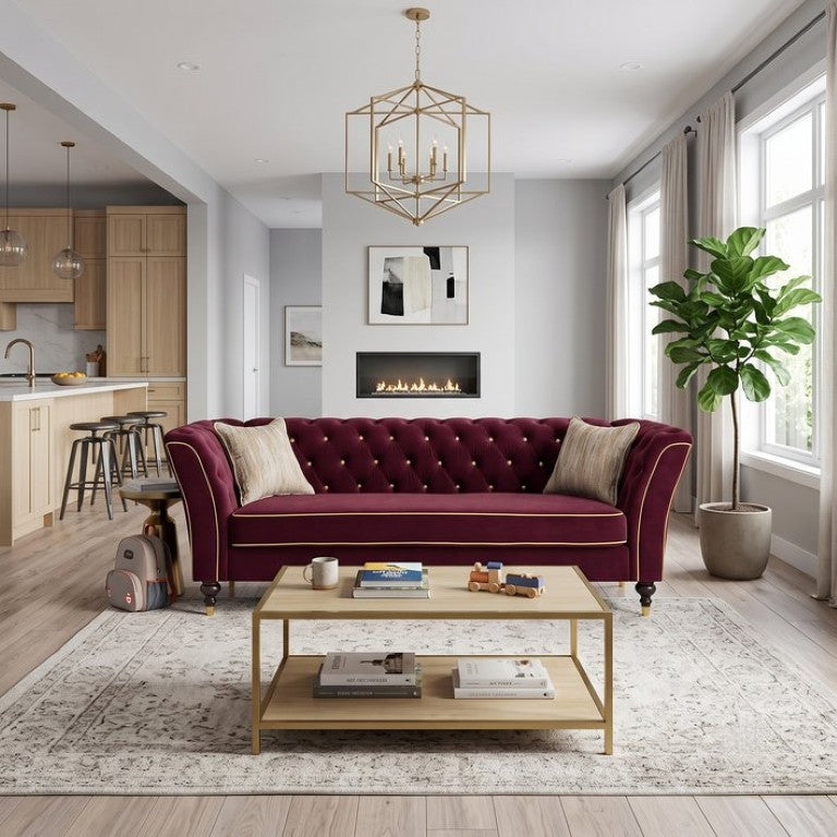English Elm Fx-P32-Wr Chesterfield Sofa Tufted Three Seat Rolled Arm Upholstered Living Room Couch W576P543613