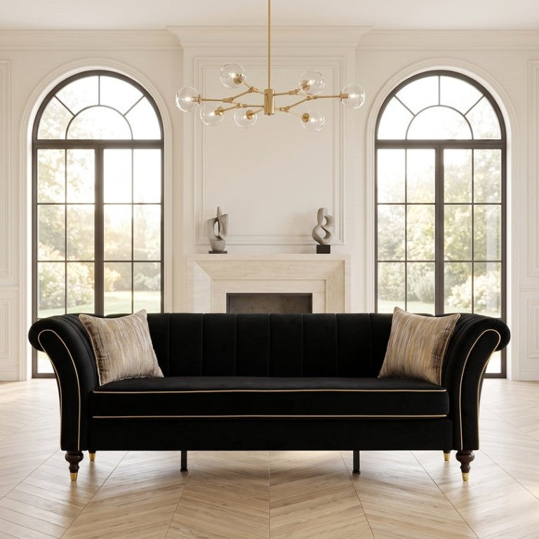 English Elm Fx-P33-Bk Black Velvet Three Seat Sofa with Gold Trim and Channel Tufted Back W576P544228