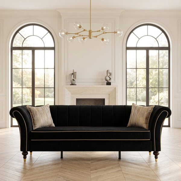 English Elm Fx-P33-Bk Black Velvet Three Seat Sofa with Gold Trim and Channel Tufted Back W576P544228