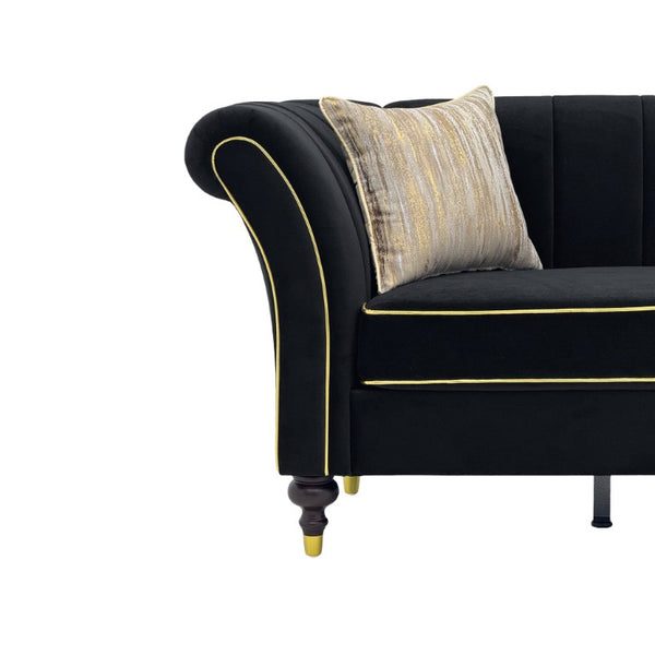 English Elm Fx-P33-Bk Black Velvet Three Seat Sofa with Gold Trim and Channel Tufted Back W576P544228