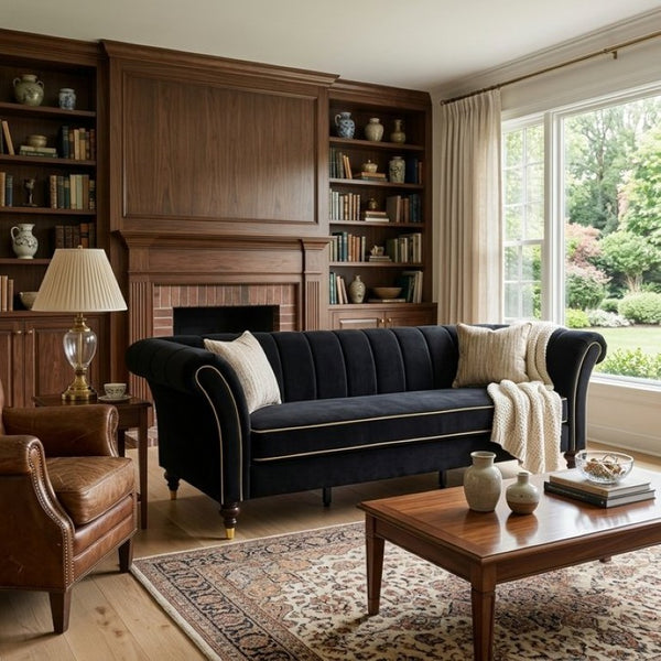English Elm Fx-P33-Bk Black Velvet Three Seat Sofa with Gold Trim and Channel Tufted Back W576P544228