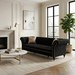 English Elm Fx-P33-Bk Black Velvet Three Seat Sofa with Gold Trim and Channel Tufted Back W576P544228