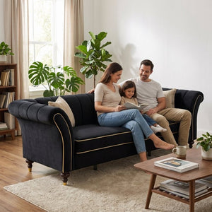 English Elm Fx-P33-Bk Black Velvet Three Seat Sofa with Gold Trim and Channel Tufted Back W576P544228