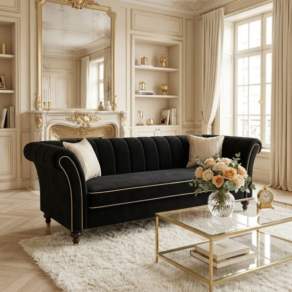 English Elm Fx-P33-Bk Black Velvet Three Seat Sofa with Gold Trim and Channel Tufted Back W576P544228