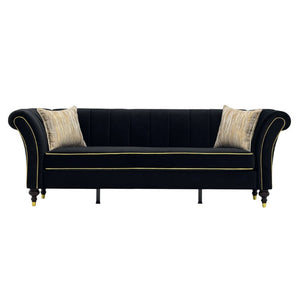 English Elm Fx-P33-Bk Black Velvet Three Seat Sofa with Gold Trim and Channel Tufted Back W576P544228