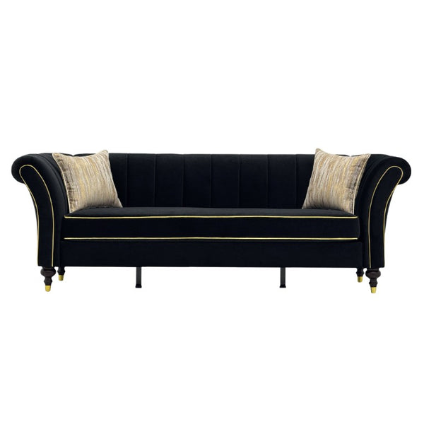 English Elm Fx-P33-Bk Black Velvet Three Seat Sofa with Gold Trim and Channel Tufted Back W576P544228