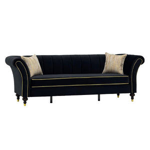 English Elm Fx-P33-Bk Black Velvet Three Seat Sofa with Gold Trim and Channel Tufted Back W576P544228