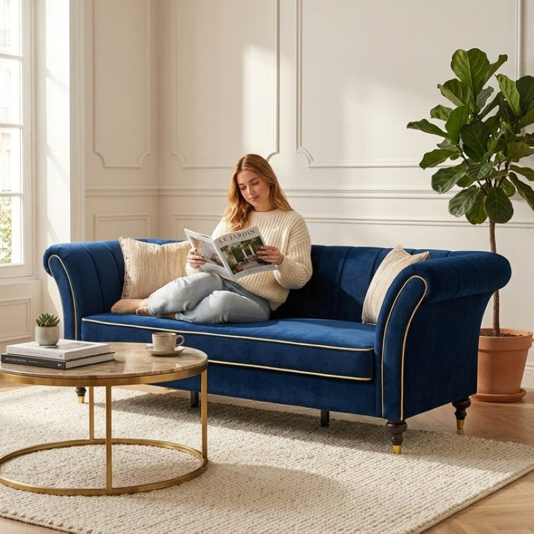English Elm Fx-P33-Rb Velvet Three Seat Sofa with Channel Tufting Gold Legs and Rolled Arms W576P544229