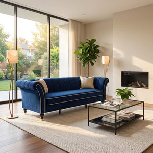 English Elm Fx-P33-Rb Velvet Three Seat Sofa with Channel Tufting Gold Legs and Rolled Arms W576P544229