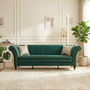 English Elm Fx-P33-Rg Emerald Velvet 3 Seat Sofa Channel Tufted Back Gold Leg Living Room W576P544230