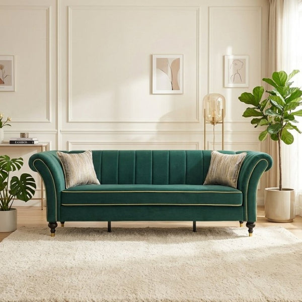 English Elm Fx-P33-Rg Emerald Velvet 3 Seat Sofa Channel Tufted Back Gold Leg Living Room W576P544230