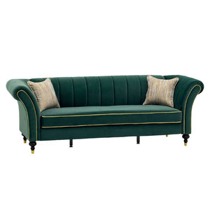 English Elm Fx-P33-Rg Emerald Velvet 3 Seat Sofa Channel Tufted Back Gold Leg Living Room W576P544230